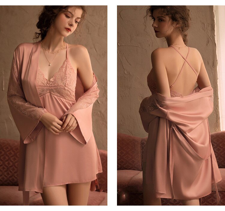 Women's Lace Bra Nightdress, Robe and Panties 3 Pcs Set Women's Lace Bra Nightdress, Robe and Panties 3 Pcs Set