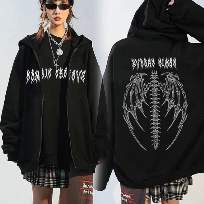 Streetwear Harajuku Hoodie Y2K Tops Girls Retro Gothic Oversized Hood Punk Anime Print Clothes Hip-Hop High Street Sweatshirts