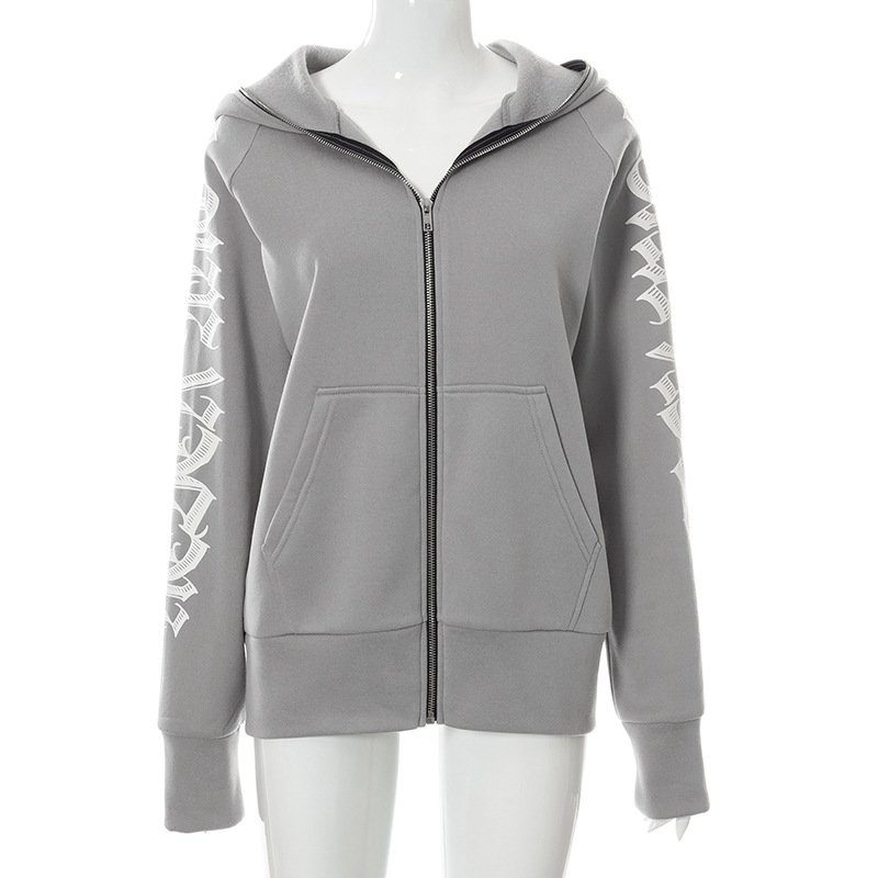 Letter Printed Zip Up Hoodies Women Autumn Winter Grunge Punk Hooded Jackets Coats Y2k Oversized Retro Streetwear Sweatshirts