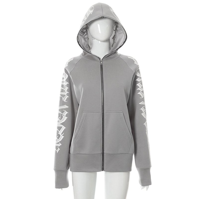 Letter Printed Zip Up Hoodies Women Autumn Winter Grunge Punk Hooded Jackets Coats Y2k Oversized Retro Streetwear Sweatshirts