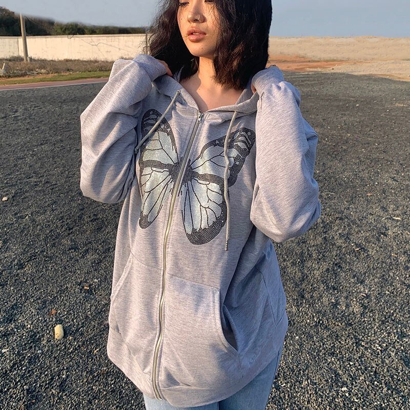 Y2K Gothic Butterfly Print Oversize Zip Up Hoodies 2021 Winter New Grunge Long Sleeve Sweatshirt Casual Hooded Jacket Streetwear
