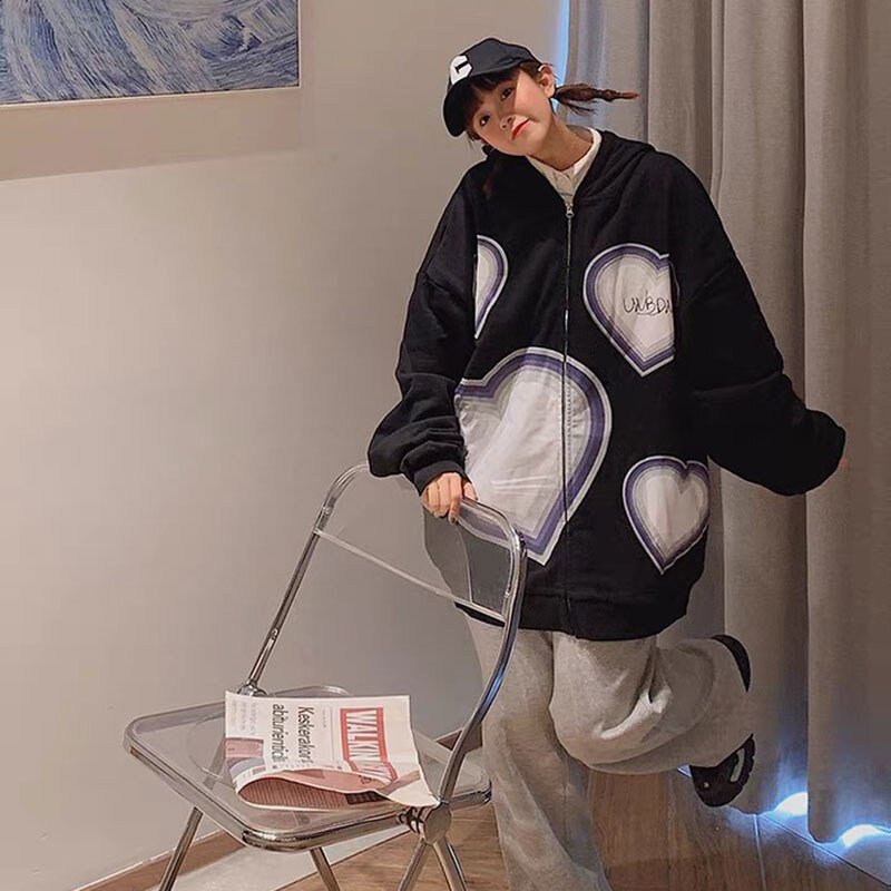 Y2K Gothic Butterfly Print Oversize Zip Up Hoodies 2021 Winter New Grunge Long Sleeve Sweatshirt Casual Hooded Jacket Streetwear