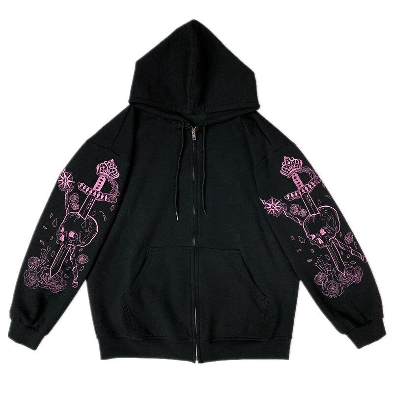 Y2K Gothic Butterfly Print Oversize Zip Up Hoodies 2021 Winter New Grunge Long Sleeve Sweatshirt Casual Hooded Jacket Streetwear