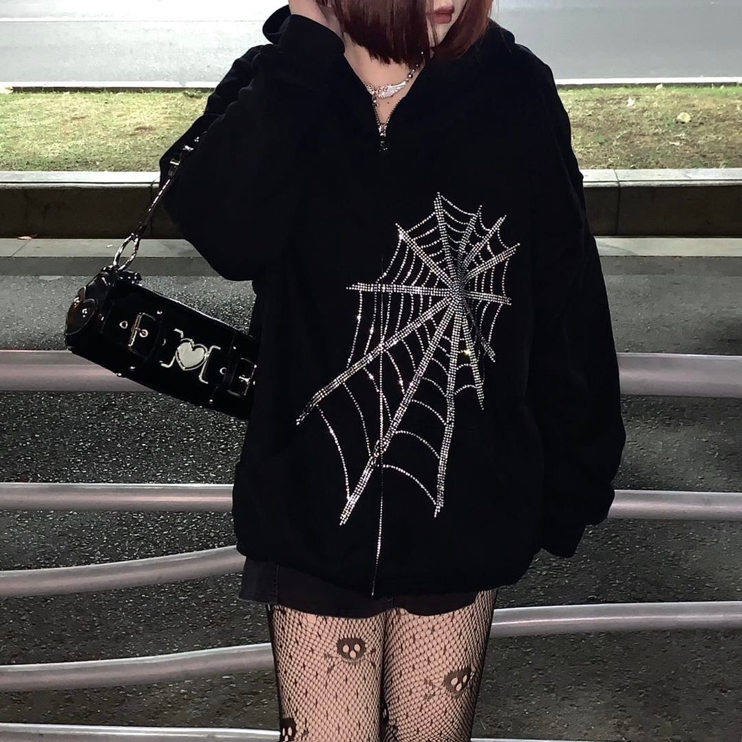 Y2K Gothic Butterfly Print Oversize Zip Up Hoodies 2021 Winter New Grunge Long Sleeve Sweatshirt Casual Hooded Jacket Streetwear