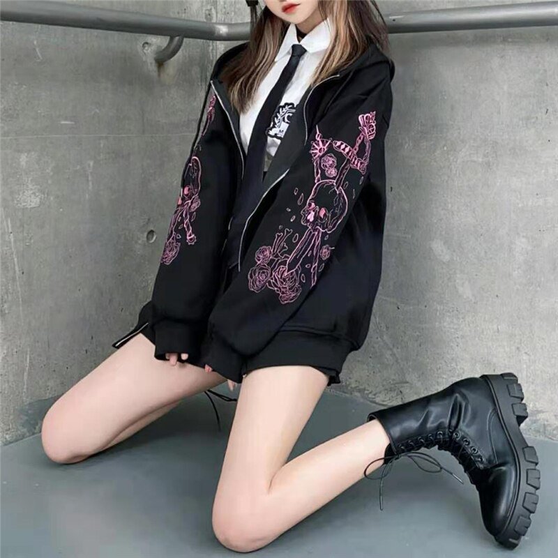 Y2K Gothic Butterfly Print Oversize Zip Up Hoodies 2021 Winter New Grunge Long Sleeve Sweatshirt Casual Hooded Jacket Streetwear