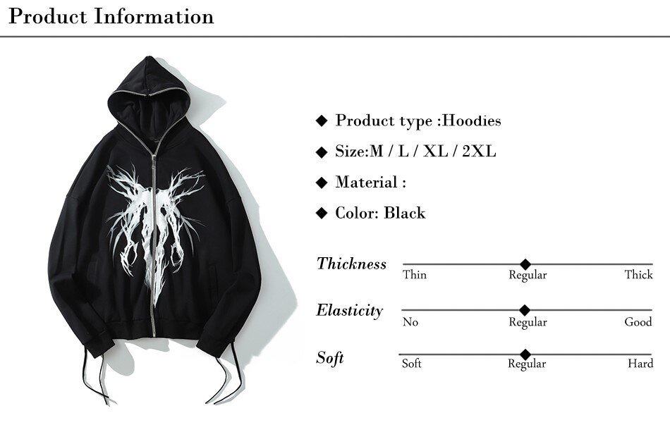Punk Gothic Letter Print Hoddie Y2k For Men Full Zip Hoodie Women Sudaderas Hombre Unisex Hooded Jackets New