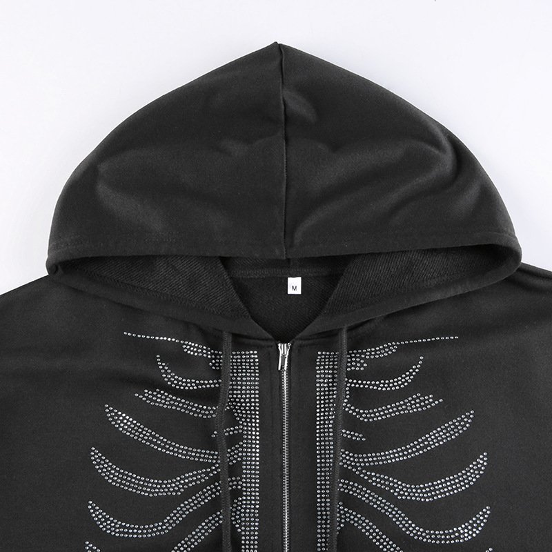 Women Autumn Hoodies Y2K Rhinestone Skeleton Jacket Streetwear Zip Up Sweatshirts Harajuku Oversized Winter Hoodies