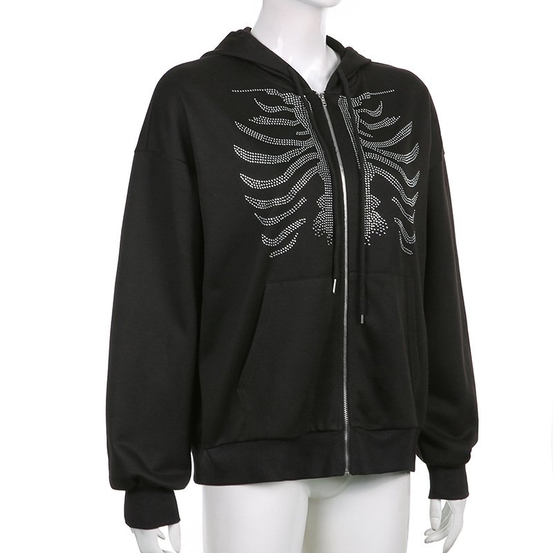 Women Autumn Hoodies Y2K Rhinestone Skeleton Jacket Streetwear Zip Up Sweatshirts Harajuku Oversized Winter Hoodies