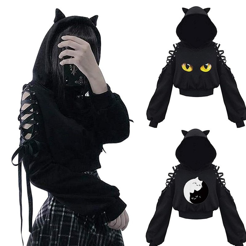 Women Long Sleeve Hoodies Kawaii Cat Ears Hoodie Gothic Punk Harajuku Cold Shouler Bandage Gothic Black Sweatshirts 2021 Women Long Sleeve Hoodies Kawaii Cat Ears Hoodie Gothic Punk Harajuku Cold Shouler Bandage Gothic Black Sweatshirts 2021