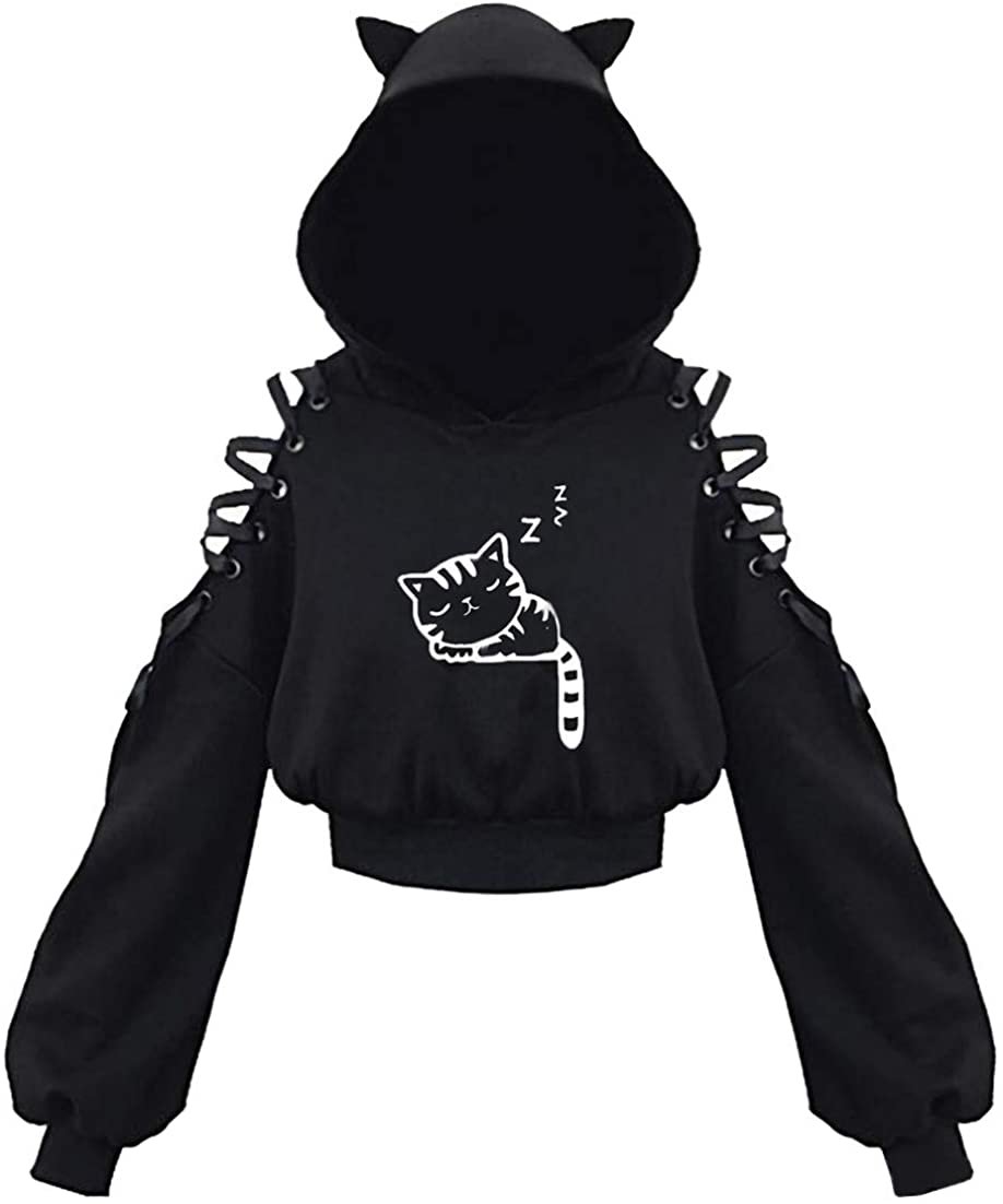 Women Long Sleeve Hoodies Kawaii Cat Ears Hoodie Gothic Punk Harajuku Cold Shouler Bandage Gothic Black Sweatshirts 2021 Women Long Sleeve Hoodies Kawaii Cat Ears Hoodie Gothic Punk Harajuku Cold Shouler Bandage Gothic Black Sweatshirts 2021