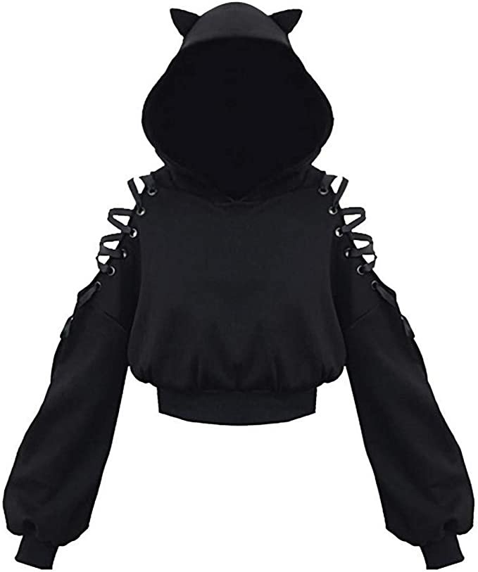 Women Long Sleeve Hoodies Kawaii Cat Ears Hoodie Gothic Punk Harajuku Cold Shouler Bandage Gothic Black Sweatshirts 2021 Women Long Sleeve Hoodies Kawaii Cat Ears Hoodie Gothic Punk Harajuku Cold Shouler Bandage Gothic Black Sweatshirts 2021