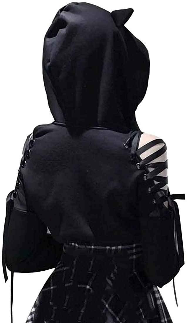 Women Long Sleeve Hoodies Kawaii Cat Ears Hoodie Gothic Punk Harajuku Cold Shouler Bandage Gothic Black Sweatshirts 2021 Women Long Sleeve Hoodies Kawaii Cat Ears Hoodie Gothic Punk Harajuku Cold Shouler Bandage Gothic Black Sweatshirts 2021