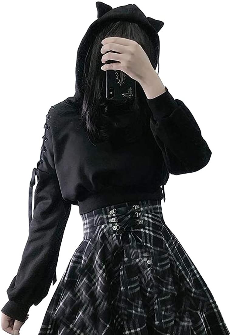 Women Long Sleeve Hoodies Kawaii Cat Ears Hoodie Gothic Punk Harajuku Cold Shouler Bandage Gothic Black Sweatshirts 2021 Women Long Sleeve Hoodies Kawaii Cat Ears Hoodie Gothic Punk Harajuku Cold Shouler Bandage Gothic Black Sweatshirts 2021