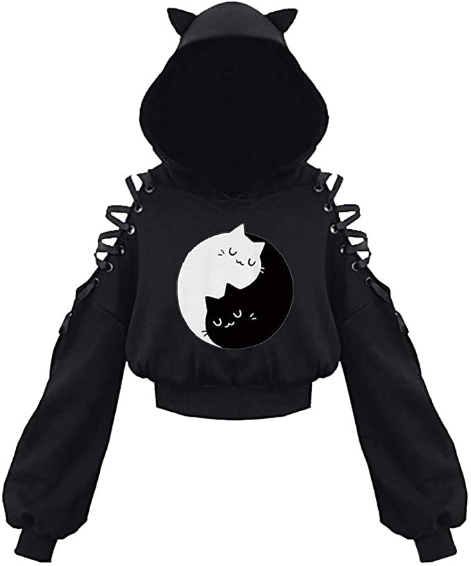 Women Long Sleeve Hoodies Kawaii Cat Ears Hoodie Gothic Punk Harajuku Cold Shouler Bandage Gothic Black Sweatshirts 2021 Women Long Sleeve Hoodies Kawaii Cat Ears Hoodie Gothic Punk Harajuku Cold Shouler Bandage Gothic Black Sweatshirts 2021