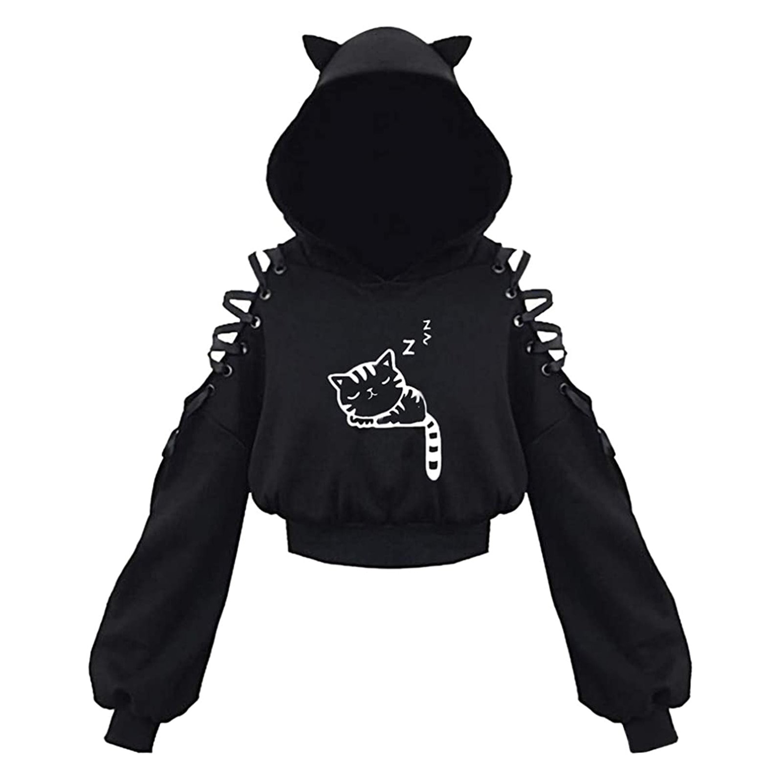 Women Long Sleeve Hoodies Kawaii Cat Ears Hoodie Gothic Punk Harajuku Cold Shouler Bandage Gothic Black Sweatshirts 2021 Women Long Sleeve Hoodies Kawaii Cat Ears Hoodie Gothic Punk Harajuku Cold Shouler Bandage Gothic Black Sweatshirts 2021
