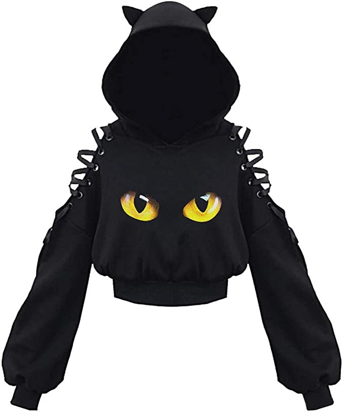 Women Long Sleeve Hoodies Kawaii Cat Ears Hoodie Gothic Punk Harajuku Cold Shouler Bandage Gothic Black Sweatshirts 2021 Women Long Sleeve Hoodies Kawaii Cat Ears Hoodie Gothic Punk Harajuku Cold Shouler Bandage Gothic Black Sweatshirts 2021