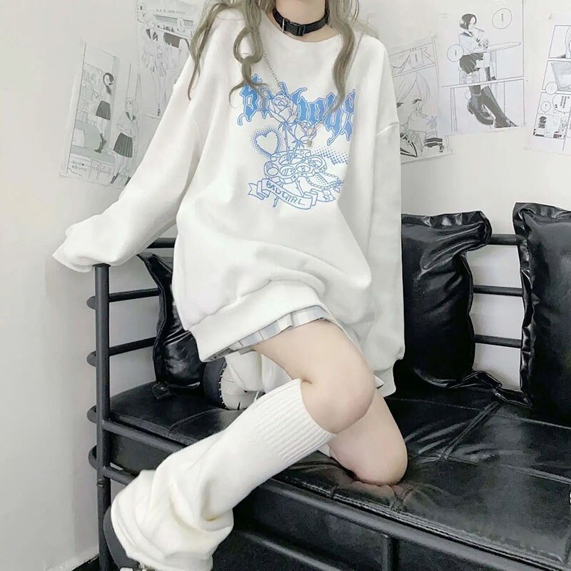 Japanese Sweet Cool Black And White Sweater Women Plus Velvet Thickening Autumn And Winter New Student Loose Harajuku Style Top Japanese Sweet Cool Black And White Sweater Women Plus Velvet Thickening Autumn And Winter New Student Loose Harajuku Style Top