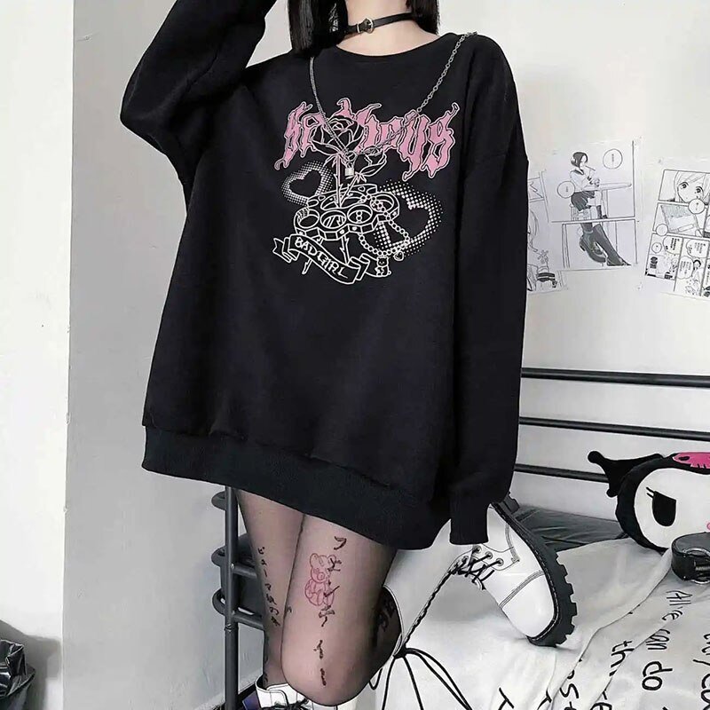 Japanese Sweet Cool Black And White Sweater Women Plus Velvet Thickening Autumn And Winter New Student Loose Harajuku Style Top Japanese Sweet Cool Black And White Sweater Women Plus Velvet Thickening Autumn And Winter New Student Loose Harajuku Style Top