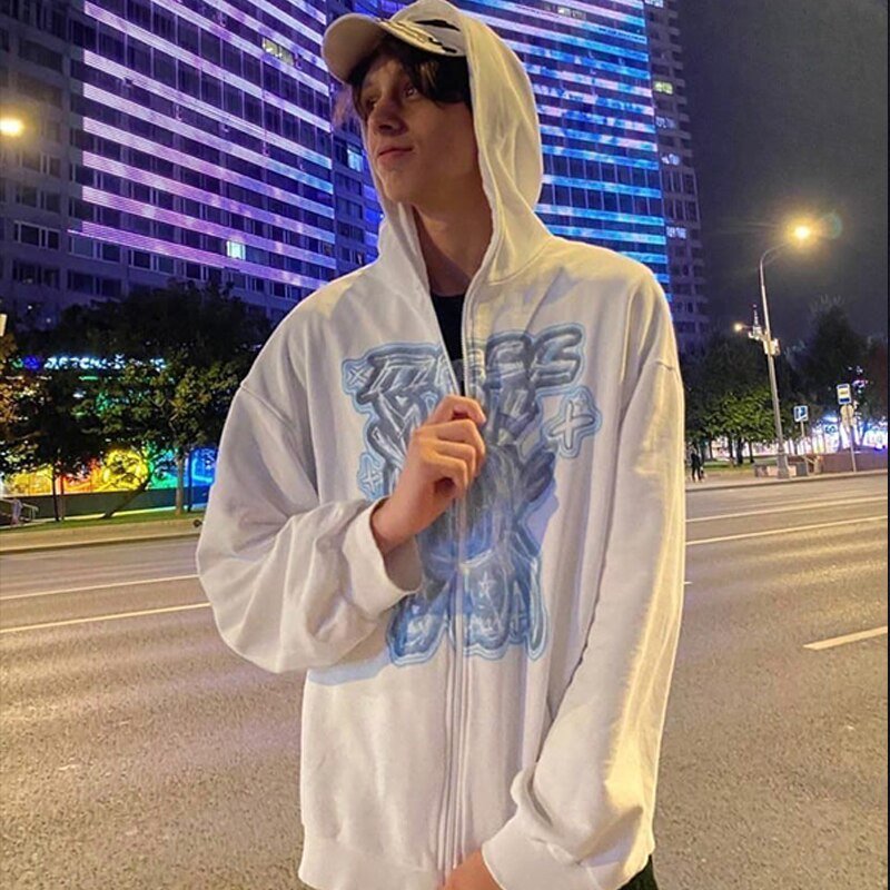 Street fashion hoodie men South Korea Harajuku zipper graffiti cartoon print jacket pullover y2k oversized sweatshirt women