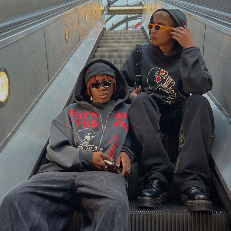 Street fashion hoodie men South Korea Harajuku zipper graffiti cartoon print jacket pullover y2k oversized sweatshirt women