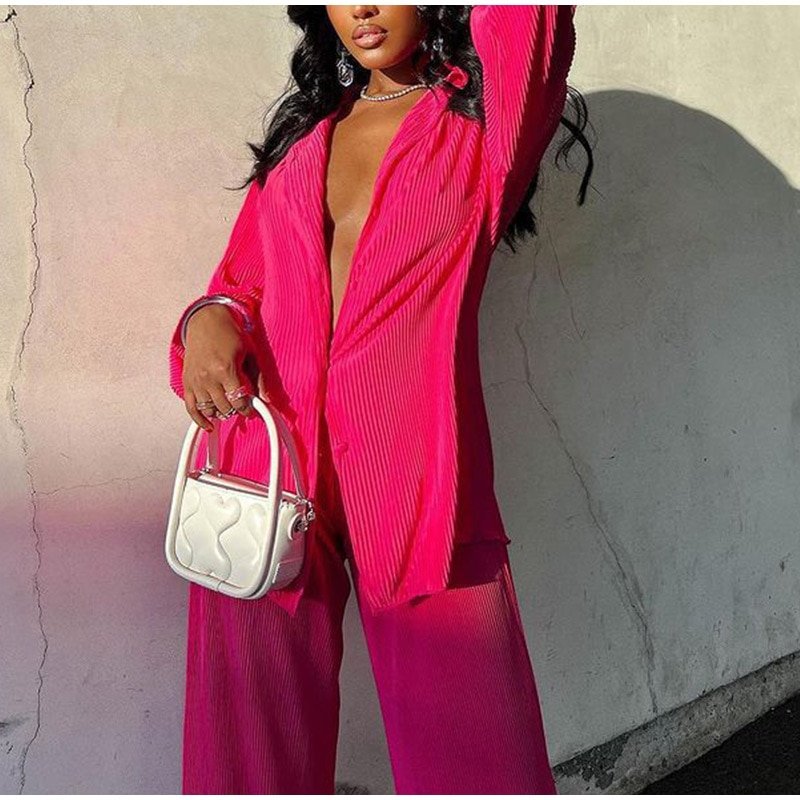 Sexy Solid Suit Two Pieces Outfits Office Lady Long Sleeve Lapel Jacket Coat Suits 2022 Women Casual Wide Leg Trousers Set