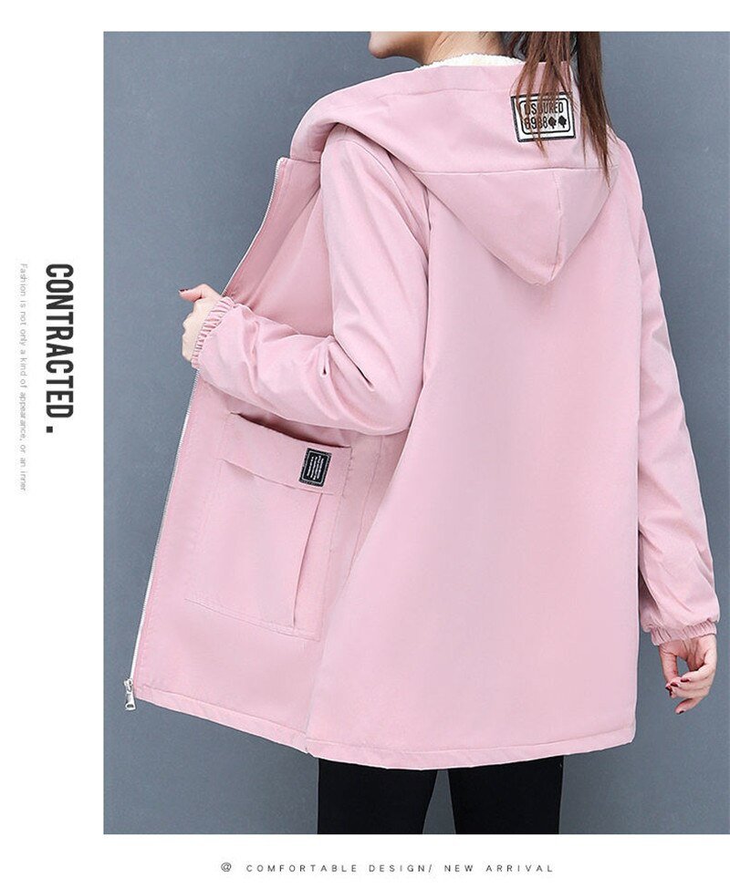 4XL Women Windbreaker 2022New Autumn Women's Fleece Jacket Coats Loose Hooded Mid Long Overcoat Zipper Pocket Female Basic Coat