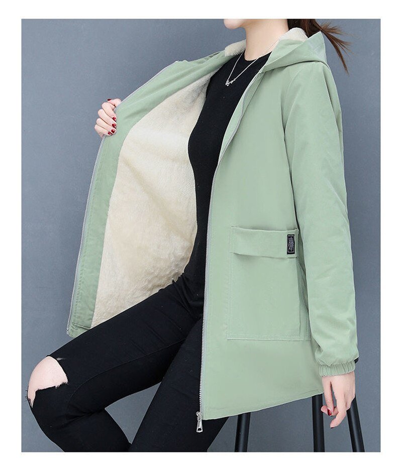 4XL Women Windbreaker 2022New Autumn Women's Fleece Jacket Coats Loose Hooded Mid Long Overcoat Zipper Pocket Female Basic Coat