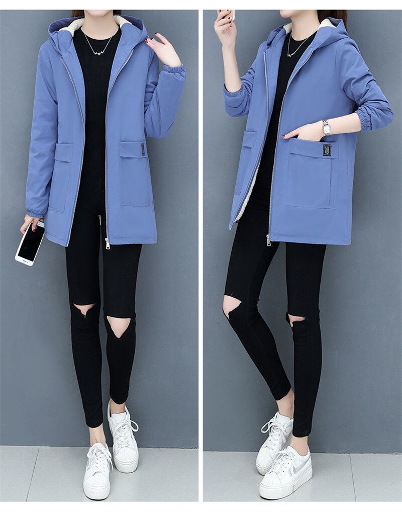 4XL Women Windbreaker 2022New Autumn Women's Fleece Jacket Coats Loose Hooded Mid Long Overcoat Zipper Pocket Female Basic Coat