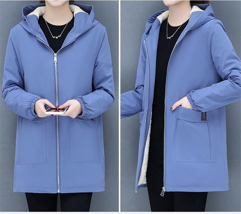 4XL Women Windbreaker 2022New Autumn Women's Fleece Jacket Coats Loose Hooded Mid Long Overcoat Zipper Pocket Female Basic Coat
