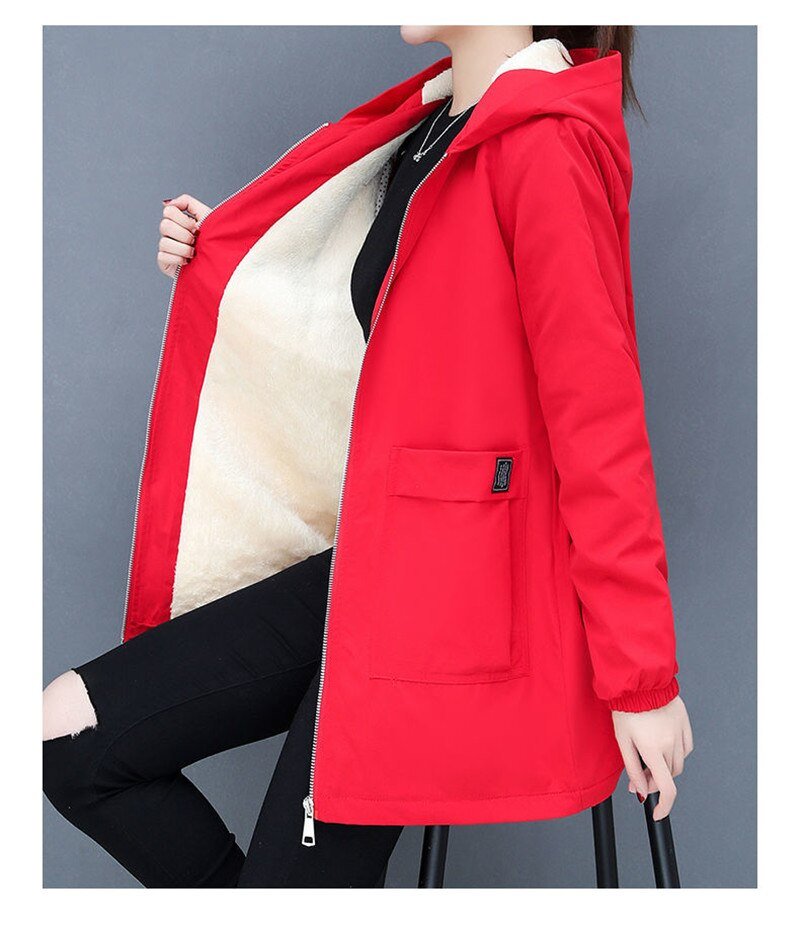 4XL Women Windbreaker 2022New Autumn Women's Fleece Jacket Coats Loose Hooded Mid Long Overcoat Zipper Pocket Female Basic Coat