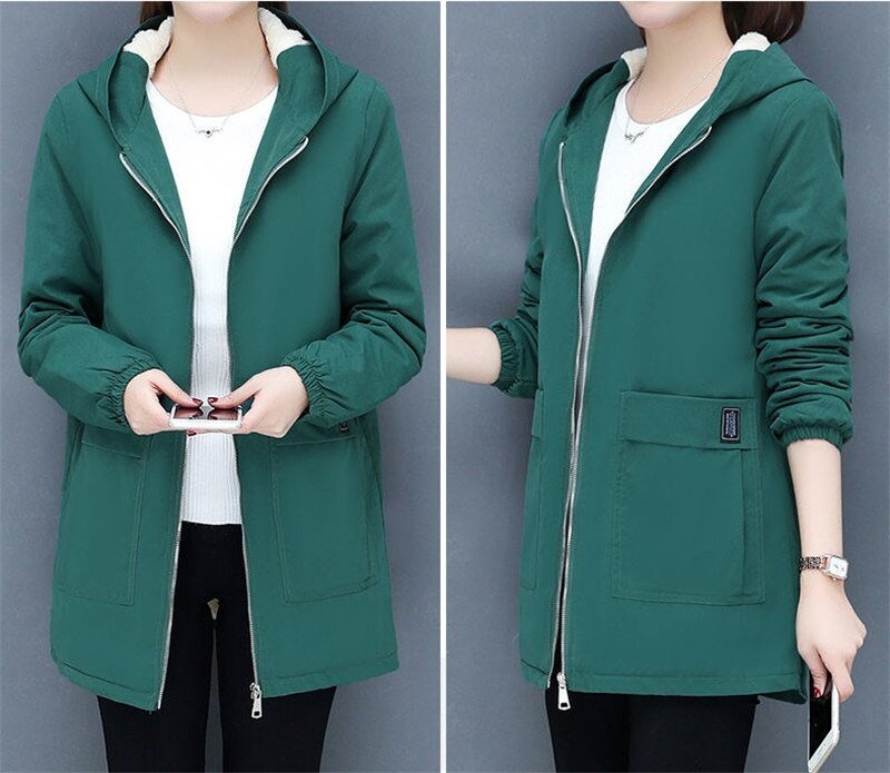 4XL Women Windbreaker 2022New Autumn Women's Fleece Jacket Coats Loose Hooded Mid Long Overcoat Zipper Pocket Female Basic Coat