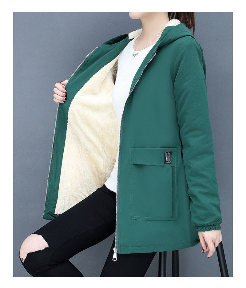 4XL Women Windbreaker 2022New Autumn Women's Fleece Jacket Coats Loose Hooded Mid Long Overcoat Zipper Pocket Female Basic Coat