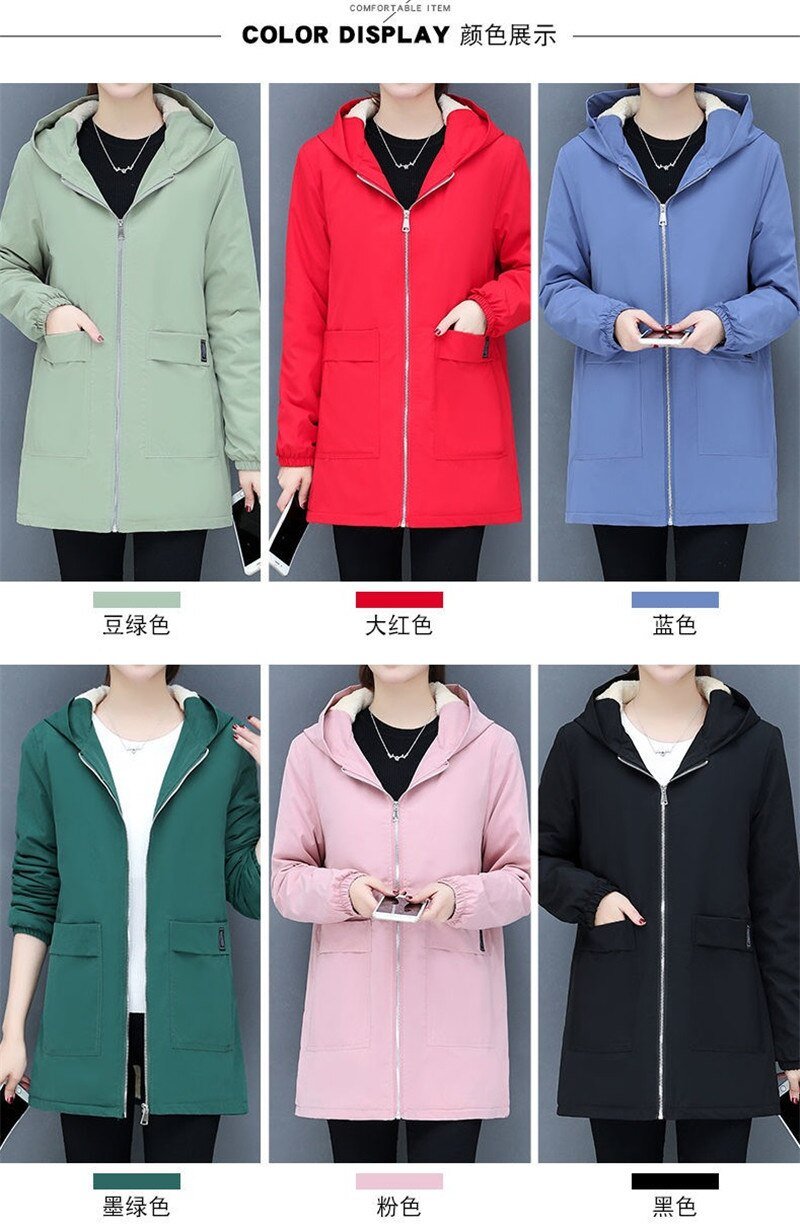 4XL Women Windbreaker 2022New Autumn Women's Fleece Jacket Coats Loose Hooded Mid Long Overcoat Zipper Pocket Female Basic Coat