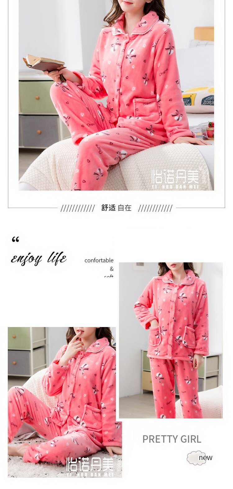 dot print Warm Pajamas Women Winter Flannel Pajama Sets For Female set Thick Korean Style Lovely Cartoon 2 Piece Tops+Pants dot print Warm Pajamas Women Winter Flannel Pajama Sets For Female set Thick Korean Style Lovely Cartoon 2 Piece Tops+Pants