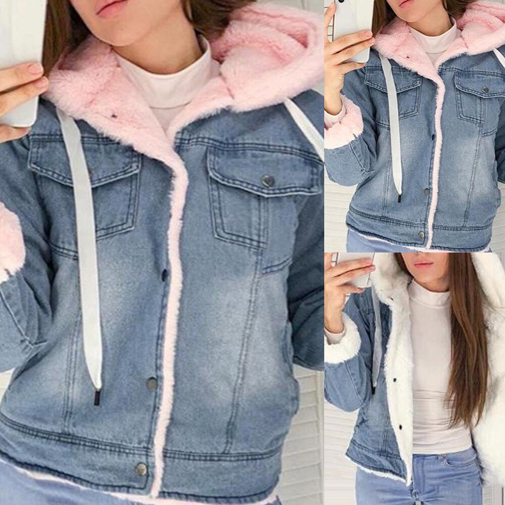 2020 New Women Denim Jacket with Fur Winter Jeans Warm Hooded Velvet Jacket Femme Fur Collar Padded Coats Windbreake 2020 New Women Denim Jacket with Fur Winter Jeans Warm Hooded Velvet Jacket Femme Fur Collar Padded Coats Windbreake