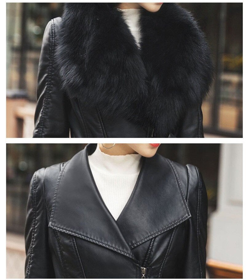 Women Winter Jacket 2022 Leather Cotton Padded Parkas Long Thicked Warm Add Velvet PU leather Jacket Female Winter Coat W2356