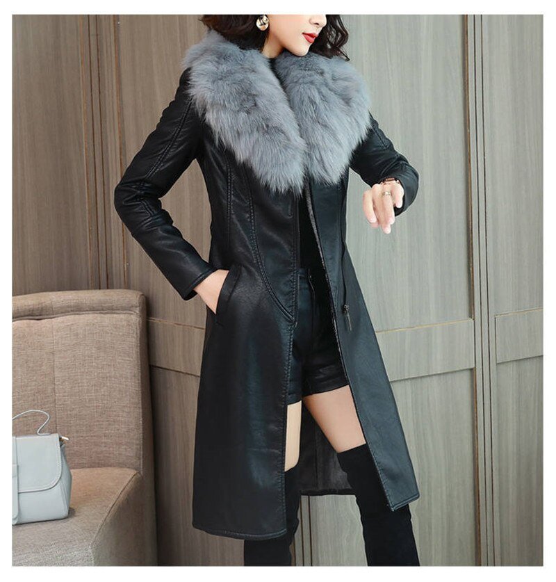Women Winter Jacket 2022 Leather Cotton Padded Parkas Long Thicked Warm Add Velvet PU leather Jacket Female Winter Coat W2356