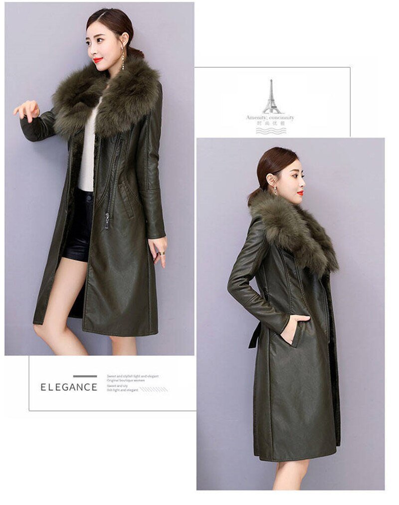 Women Winter Jacket 2022 Leather Cotton Padded Parkas Long Thicked Warm Add Velvet PU leather Jacket Female Winter Coat W2356
