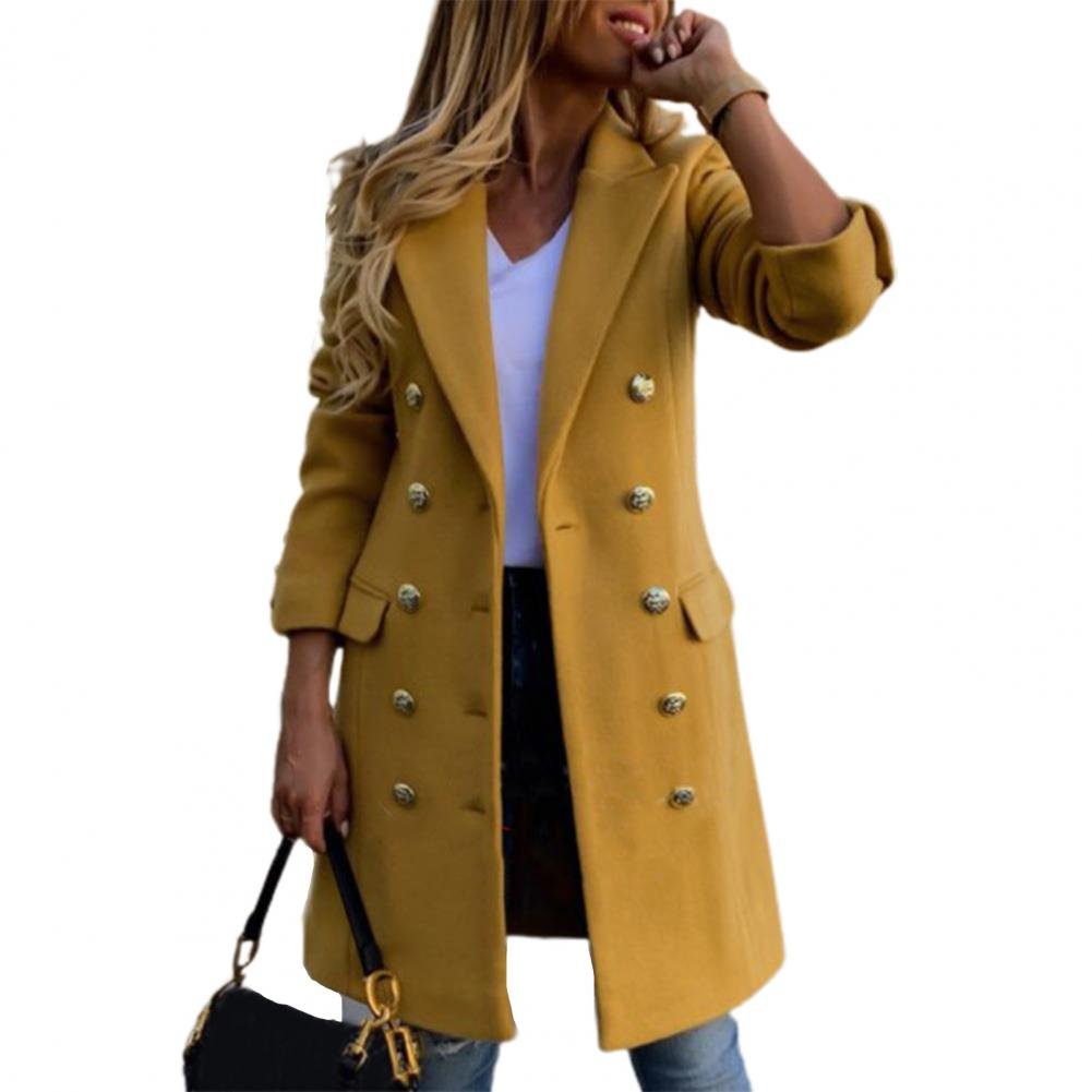 Long Sleeve Wool Coat Pure Color Breathable Turn-Down Collar Double-breasted Women Overcoat Outerwear Long Sleeve Wool Coat Pure Color Breathable Turn-Down Collar Double-breasted Women Overcoat Outerwear