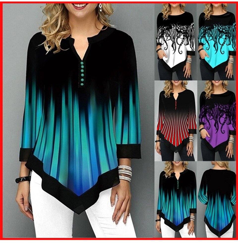 Spring Summer 3/4 Sleeve Print T-Shirts Irregular Women Clothing Fashion Casual Loose Pullover Tee Shirt Ladie Plus Tunic Tops