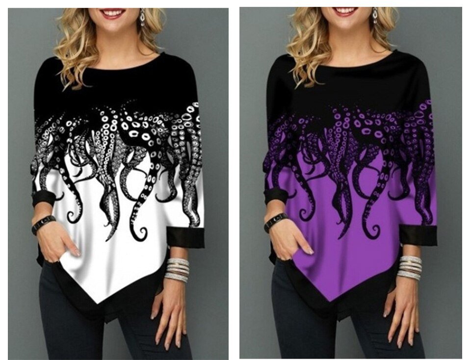 Spring Summer 3/4 Sleeve Print T-Shirts Irregular Women Clothing Fashion Casual Loose Pullover Tee Shirt Ladie Plus Tunic Tops