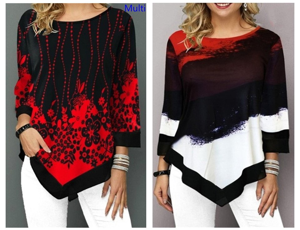 Spring Summer 3/4 Sleeve Print T-Shirts Irregular Women Clothing Fashion Casual Loose Pullover Tee Shirt Ladie Plus Tunic Tops