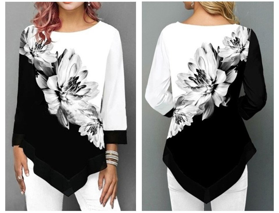 Spring Summer 3/4 Sleeve Print T-Shirts Irregular Women Clothing Fashion Casual Loose Pullover Tee Shirt Ladie Plus Tunic Tops