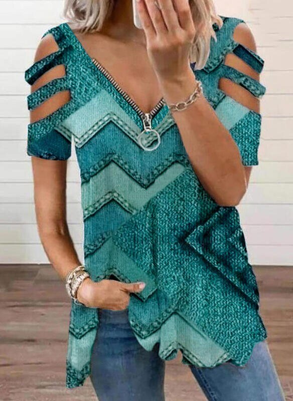 SNAKE YX Woman Tshirts Women's Wave Geometric Printed Short Sleeve Zipper V-neck Top Plus Fashion Graphic Oversized T Shirt