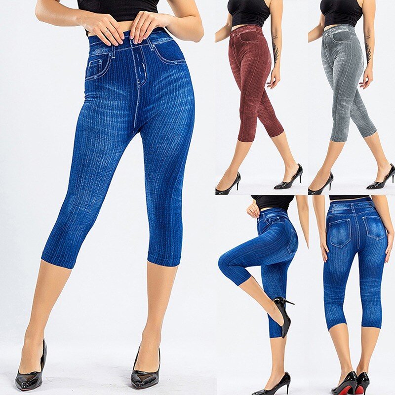 2022 Women Denim Print Leggings Fashion Slim Leggings Faux Jeans Leggings Stretch Printed Short Leggins Pants Summer Breeches 2022 Women Denim Print Leggings Fashion Slim Leggings Faux Jeans Leggings Stretch Printed Short Leggins Pants Summer Breeches