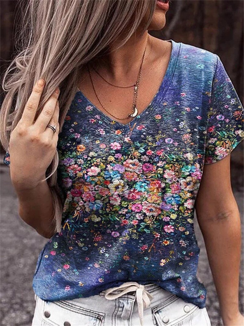 Summer Casual Tee Short Sleeve Women T-Shirts Flower Print Street Tops Female V-Neck Loose T-Shirt 5XL Plus Size Top Pullover