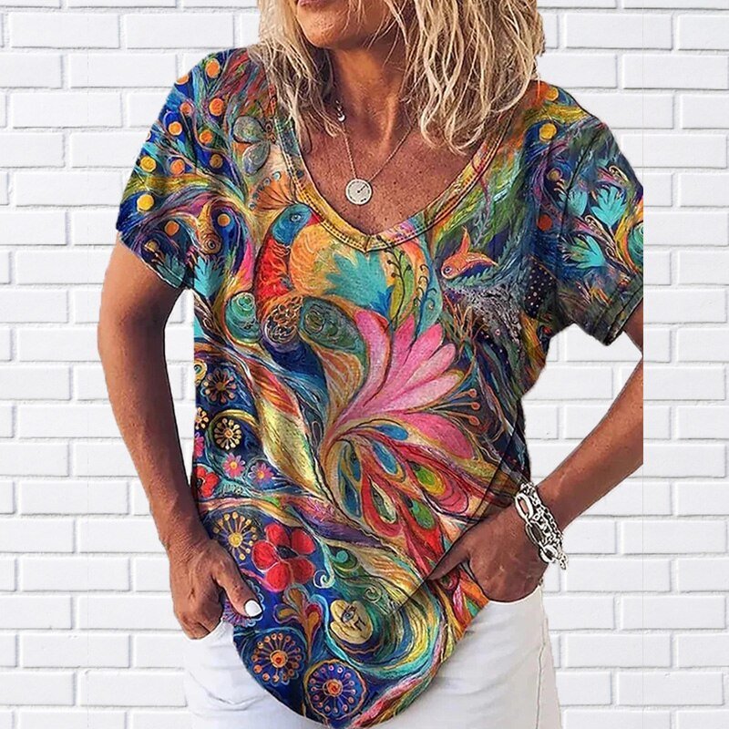 2022 Summer Women's Abstract Painting T Shirt Graphic Graffiti Print V Neck Basic Tops Female Shirt Loose Plus Size Pullover New