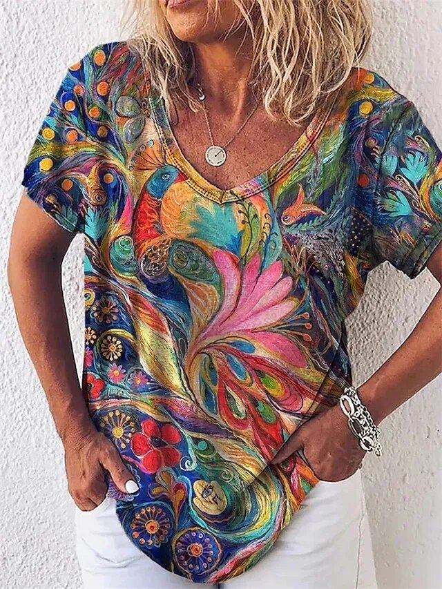 2022 Summer Women's Abstract Painting T Shirt Graphic Graffiti Print V Neck Basic Tops Female Shirt Loose Plus Size Pullover New