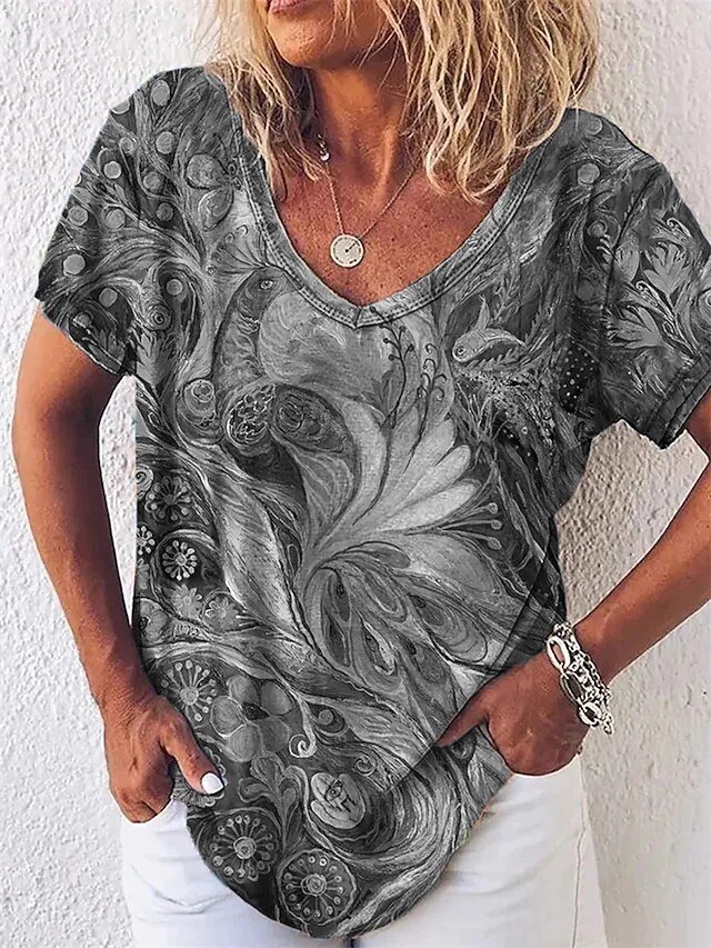 2022 Summer Women's Abstract Painting T Shirt Graphic Graffiti Print V Neck Basic Tops Female Shirt Loose Plus Size Pullover New
