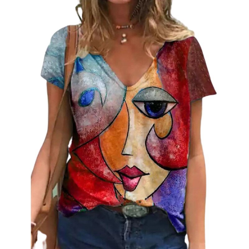 V Neck Tshirt Women's Summer Casual Oversize Print Shirt Tops Loose Vintage Female Tee Streetwear Y2K Short Sleeve Clothes S-5XL